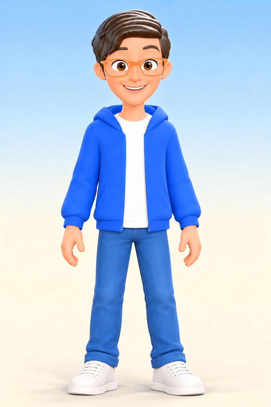 Adam standing and smiling in his blue hoodie and jeans