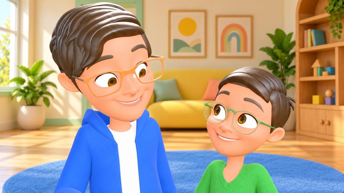 Brothers Adam, in orange glasses and a blue hoodie, and Harris, in green glasses and a green jumper, smiling at each other