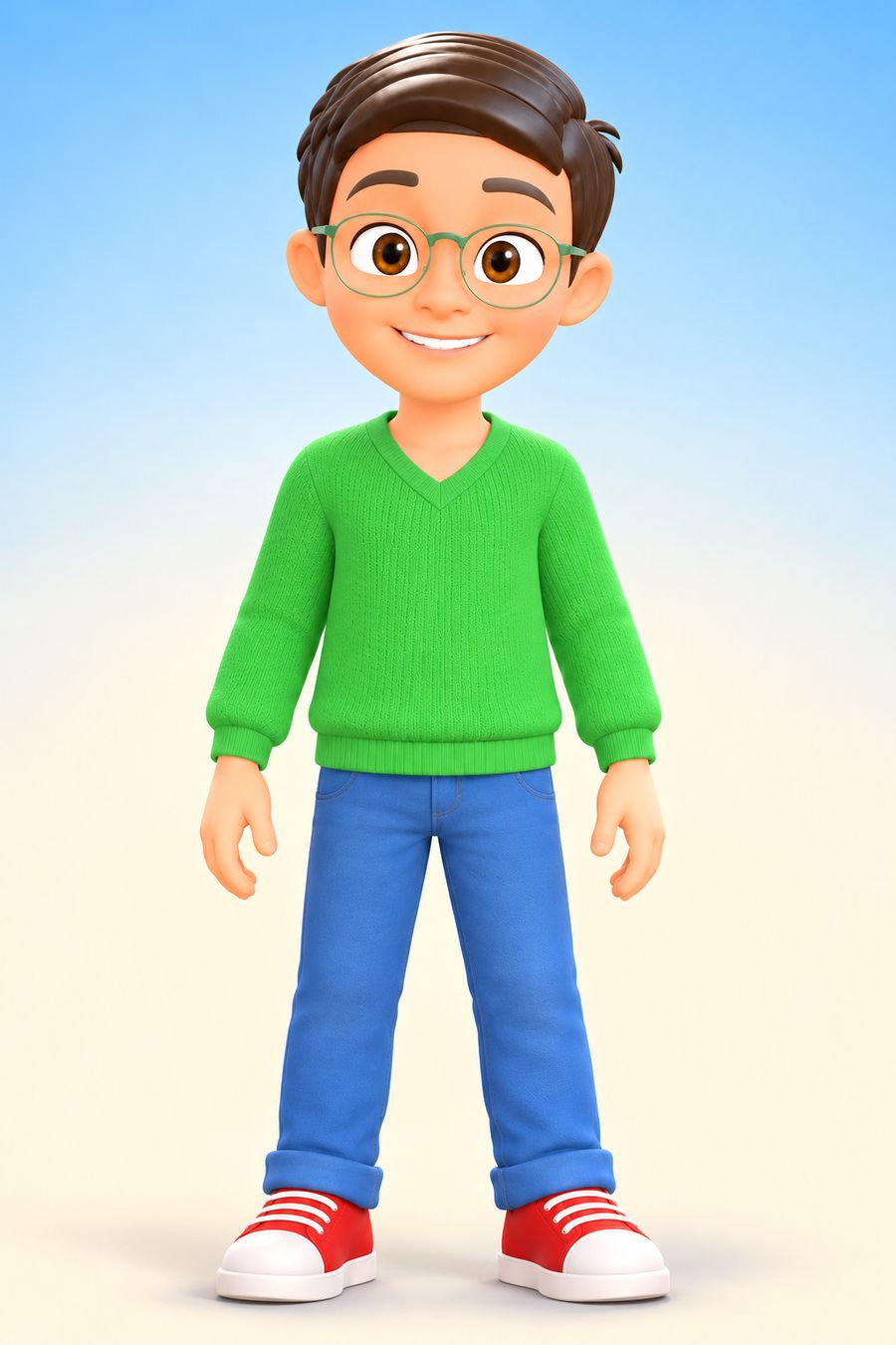 Harris standing and smiling in his green jumper and jeans