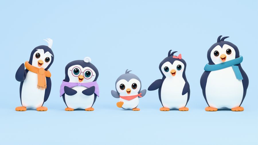 Five cartoon penguins: Grandpa, Grandma, Baby, Mommy and Daddy